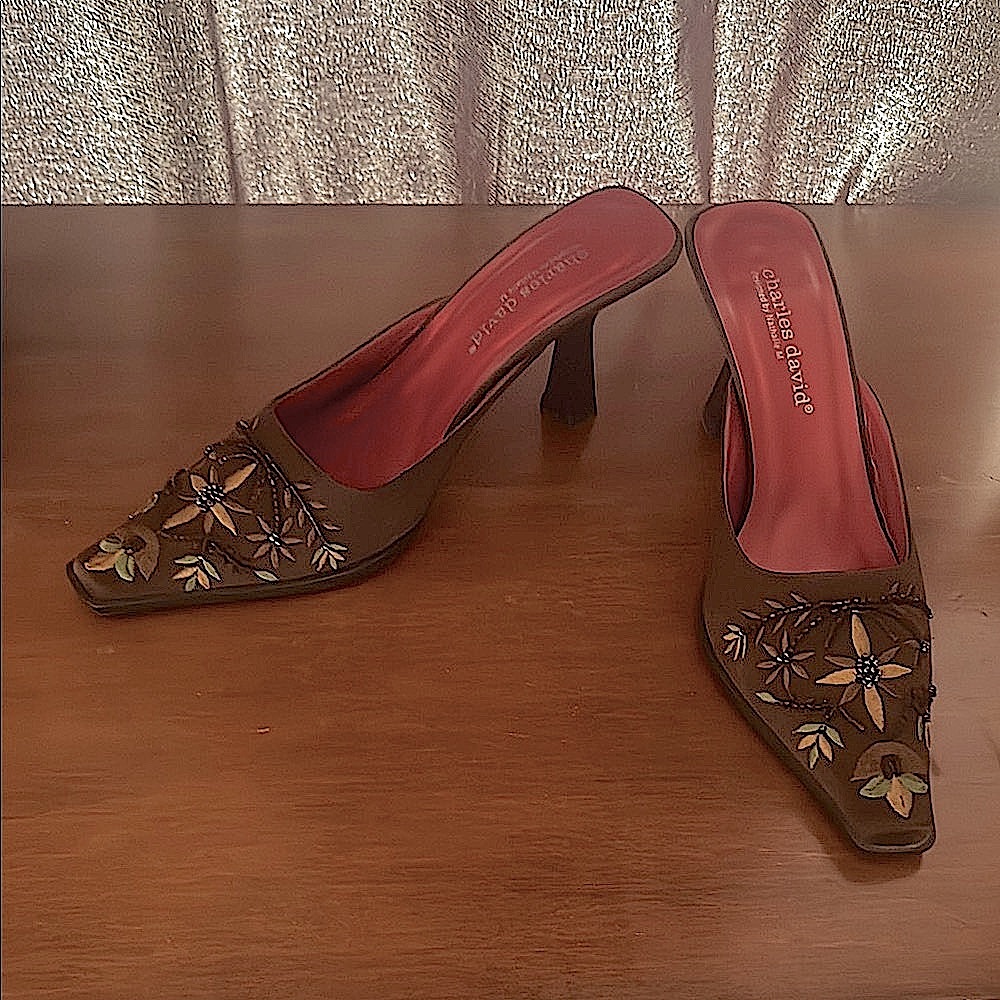 Charles David Brown and Red Mules with Metallic Accents